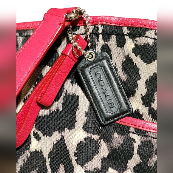 Coach Ocelot Red Leather Black Leopard Print Tote Handbag F25178 - Picture 2 of 15